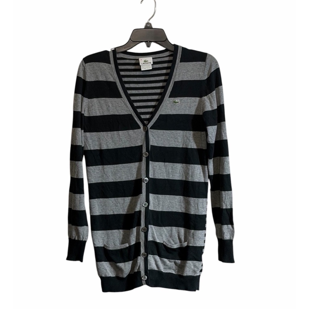 Lacoste Striped Cardigan Sweater Women's 38 Med Gray Black Academia Preppy Y2K